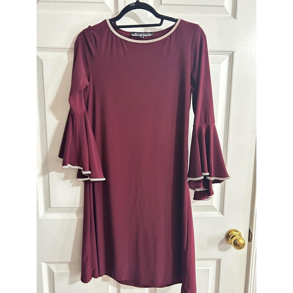 Studio Badgley Mischka Dress Womens XS Burgundy Glam Rhinestone Bell Sleeve